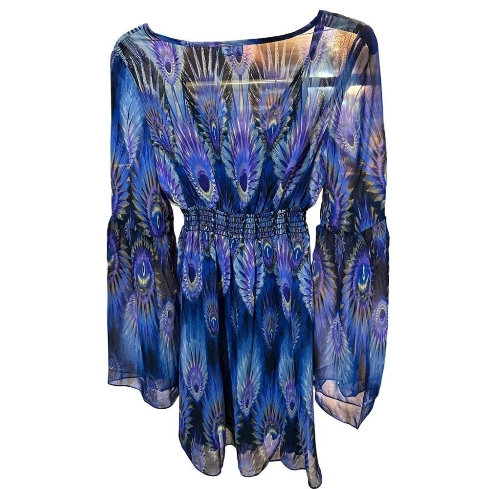 Three Eighty Two Bohemian Peacock Feather Size S Sheer Dress Bell Sleeves $192 - Picture 5 of 9